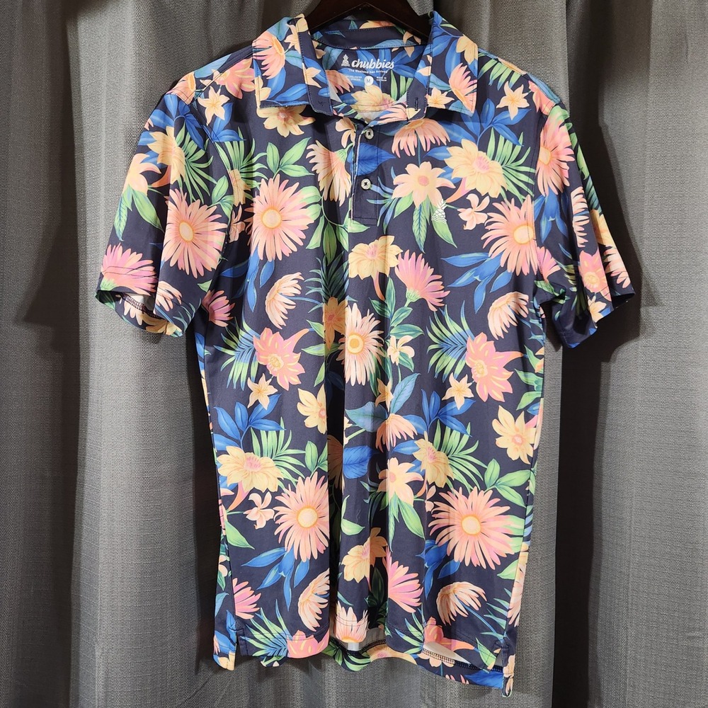 Chubbies Mens Floral Performance Polo Shirt Navy Blue Tropical Stretch Size M